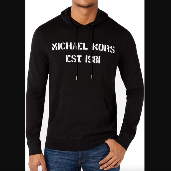 $178 NWT Michael Kors 2022 Black White Logo Print Cotton Hooded Sweatshirt XL - Picture 1 of 7